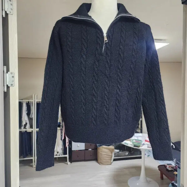 [BUNJANG] Black Cable Knit Half-Zip Sweater / 블랙 케이블 세라 반집업 니트