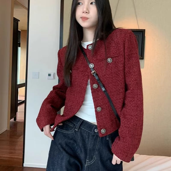[BUNJANG] Women's Collarless Tweed Short Jacket / 여성 노카라 트위드 숏재킷