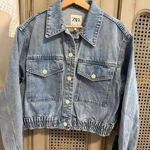[BUNJANG] ZARA Floral Button Denim Crop Jacket / 자라 꽃모양단추데님 크롭 재킷