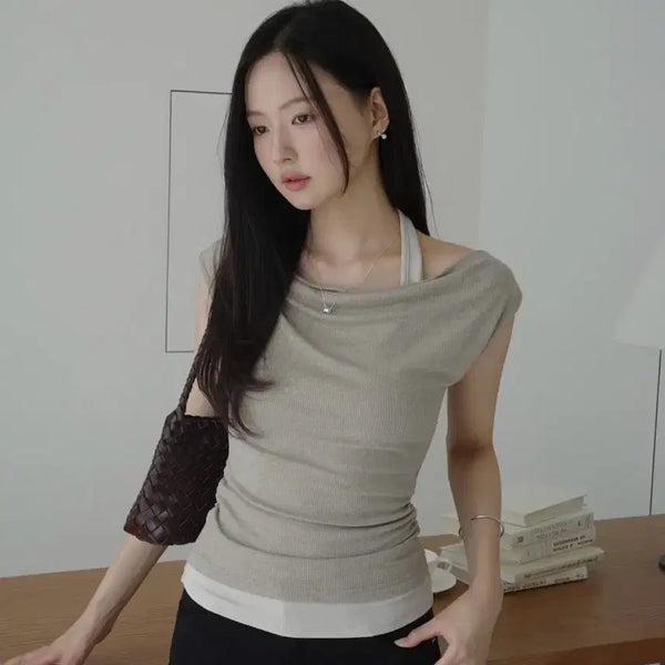 [BUNJANG] Abreto Halter Layered Top Beige / 아브레토 홀터 레이어트 탑 베이지