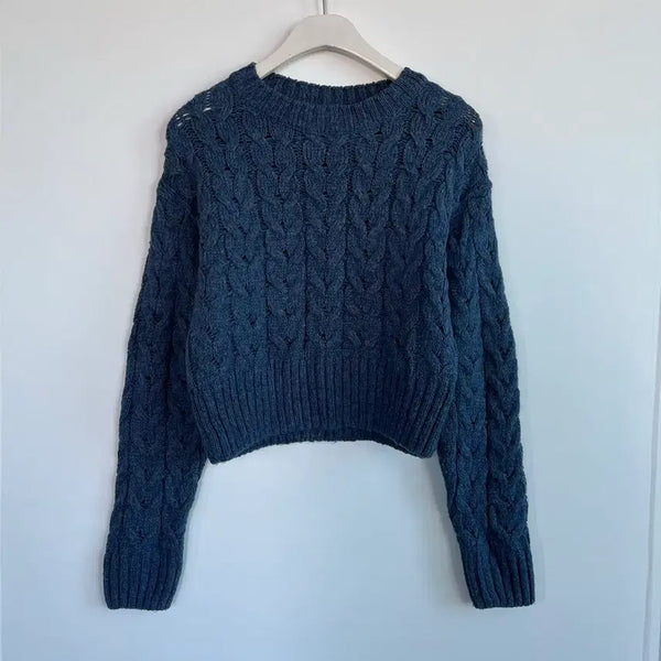 [BUNJANG] Cable Knit Cropped Short Navy Sweater / 케이블 꽈배기 크롭 숏 네이비 니트 스웨터 -1010