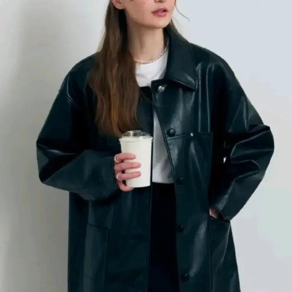 [BUNJANG] Draw Fit Women's Button Leather Half Jacket / 드로우핏 우먼 버튼 레더 하프 자켓 692505 380643