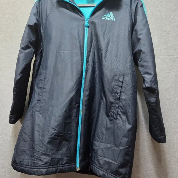 [BUNJANG] Adidas Windbreaker Long Padding Navy Fluorescent Blue / 아디다스 바람막이 롱패딩 네이비 형광블루