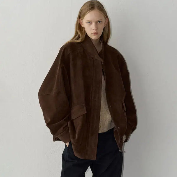 [BUNJANG] Facade Pattern High Neck Suede Jacket - Brown / 파사드패턴 하이넥 스웨이드 재킷_brown 새제품