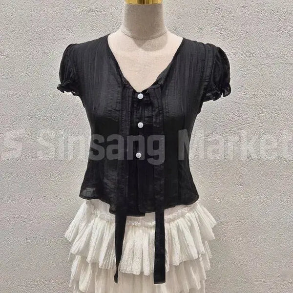 [BUNJANG] Puff Sleeve Crop Tie Blouse / [빠른발송] 퍼프 크롭 타이 블라우스 타이 스트랩 크롭 블라우스