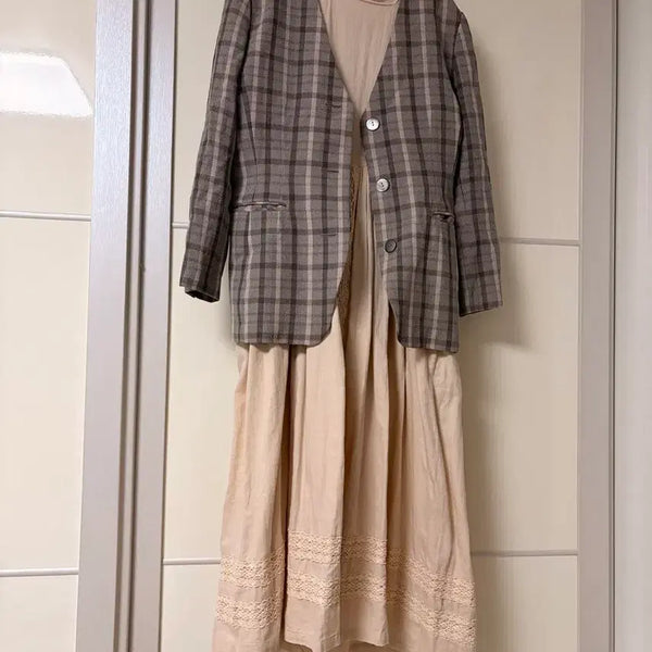 [BUNJANG] Check Pattern Collarless Jacket / 체크 패턴 노카라자켓