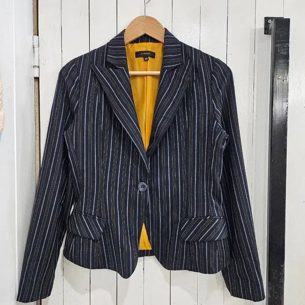 [BUNJANG] Z/DANG Women's Stripe Wool Jacket (Size 66) / Z/DANG 여성 스트라이프 자켓 66 진곤색 울100% 줄무늬 카라 원버튼 슬림핏  숏자켓 긴팔 봄 가을 간절기 울자켓 슬림 정장자켓(B2341)