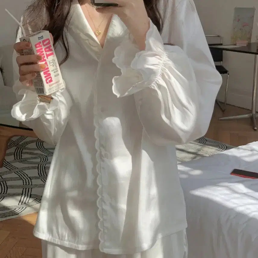 [BUNJANG] Silk White Frill Pajama Set / 실크 화이트 프릴 잠옷 세트