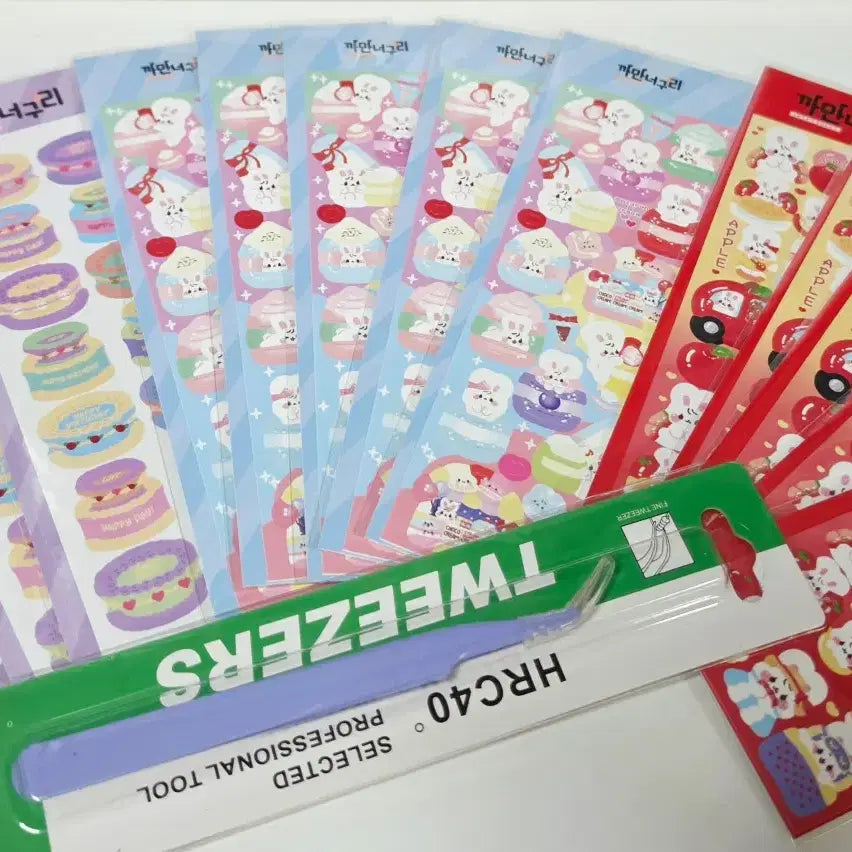 [BUNJANG] Bundle Set: 15pcs Sticker Sheets + Tweezers / 일괄) 씰스15장+핀셋 다꾸 씰스티커 TWEEZERS 까만너구리