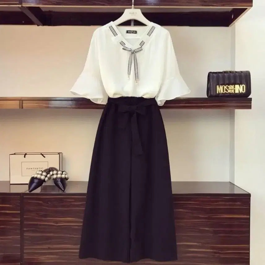 [BUNJANG] Chiffon Blouse + Wide Pants Two-Piece Set - M / 쉬폰 블라우스+와이드팬츠 투피스-M