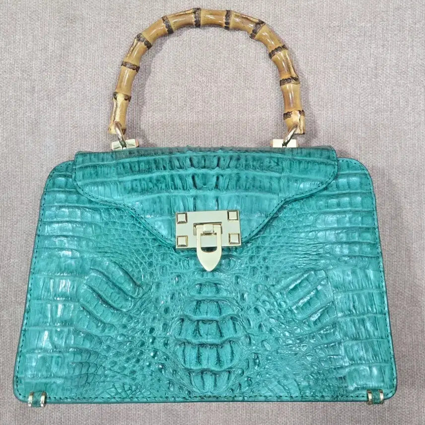 [BUNJANG] ZARMOI Emerald Green Crocodile Leather Pattern Bamboo Handle Tote Bag / [ZARMOI/잘모이] 에메랄드 그린 악어가죽 패턴 뱅부 핸들 토트백