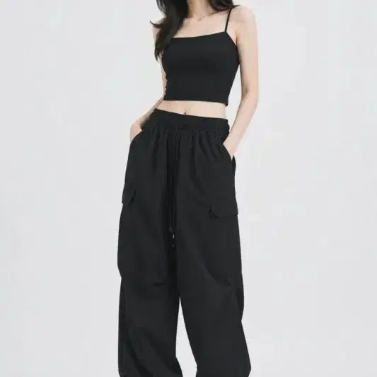 [BUNJANG] Black String Sweatpants / 여S/슬로건 블랙 스트링 스웨트 팬츠