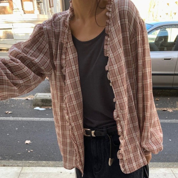 [BUNJANG] Romanticize Frill Check Shirt / 로맨티사이즈 프릴 체크 남방