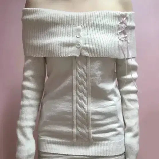 [BUNJANG] Off-the-Shoulder Knit Sweater - White/Ivory / 오프숄더 니트 스웨터 화이트 아이보리