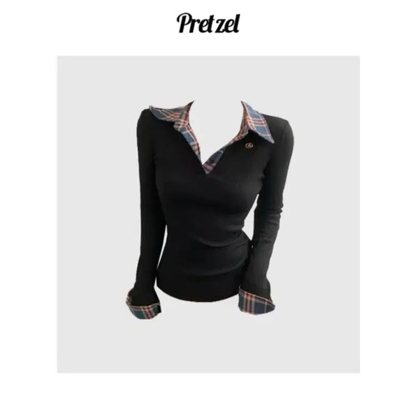 [BUNJANG] Pretzel Ecca Check Ribbed Long-Sleeve Knit / 프레첼 에카 체크 골지 긴팔 니트