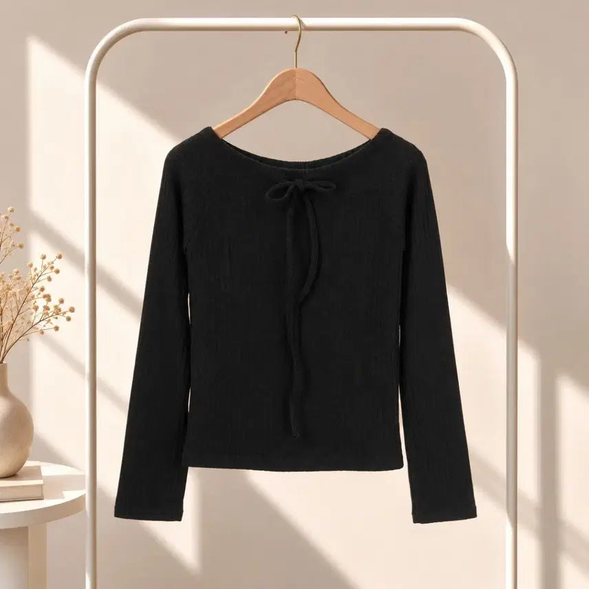 [BUNJANG] Black Knit Top with Drawstring Neckline / (새제품)조임끈 보트넥 블랙 니트