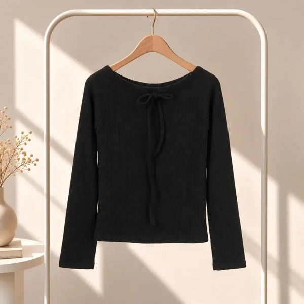 [BUNJANG] Black Knit Top with Drawstring Neckline / (새제품)조임끈 보트넥 블랙 니트