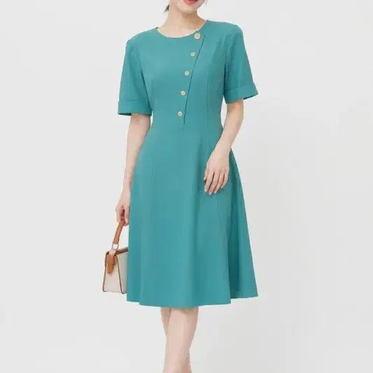 [BUNJANG] Line Addition Mint Diagonal Button Dress / 여77/라인 어디션 민트 사선 버튼 원피스