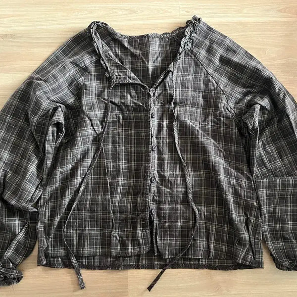 [BUNJANG] Women's Check Long Sleeve Button Blouse / 여자 체크 단추 긴소매 블라우스