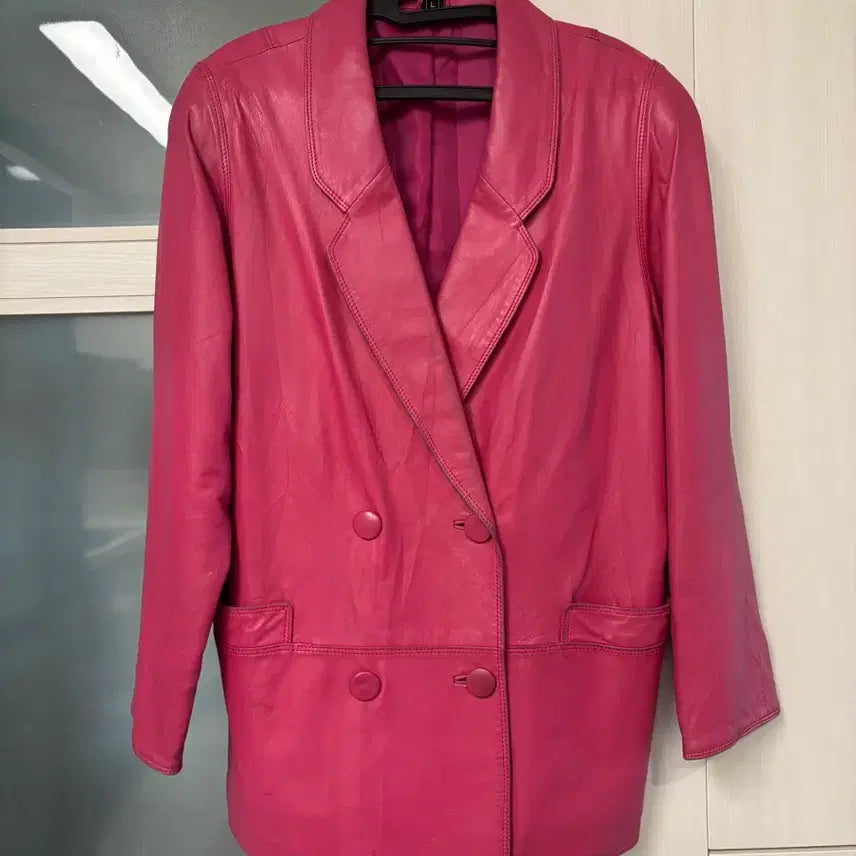[BUNJANG] Vintage Pink Double-Button Leather Jacket / 빈티지의류_핑크색 더블 버튼 가죽 자켓