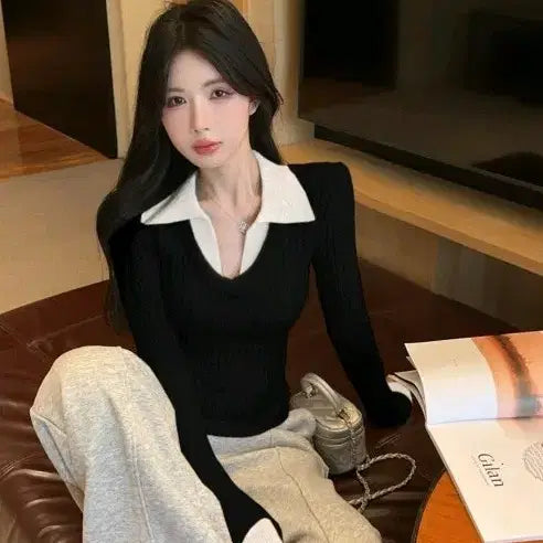 [BUNJANG] Basic Collar V-Neck Long-Sleeve Knit / 기본 카라 브이넥 긴팔 니트