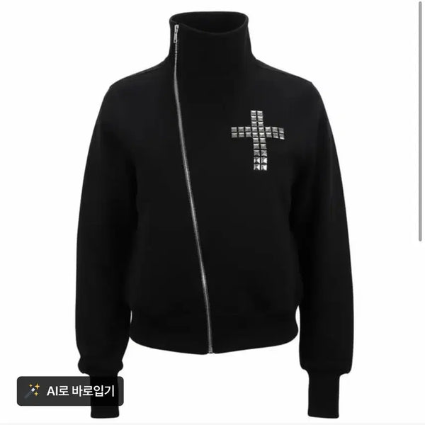 [BUNJANG] Asymmetrical Studded Fleece Cross Zip-Up Hoodie / 언발 스터드 기모 크로스 집업