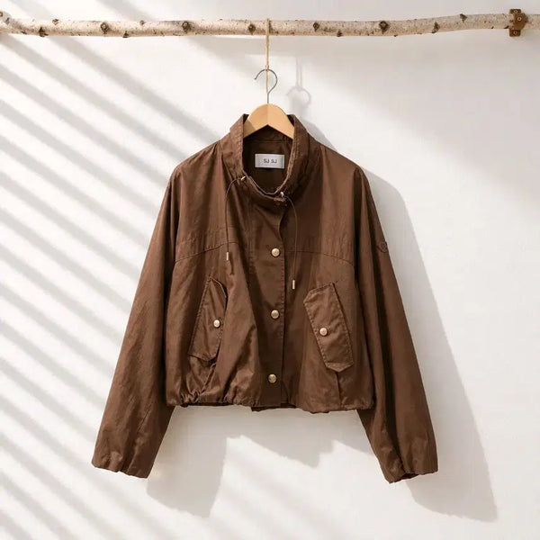 [BUNJANG] SJSJ 2023 Cotton Rayon Gold Button High Neck Drawstring Jumper Jacket / 한섬 SJSJ 2023 코튼 레이온 골드 버튼 하이넥 드로우스트링 점퍼 자켓 82-94-160사이즈