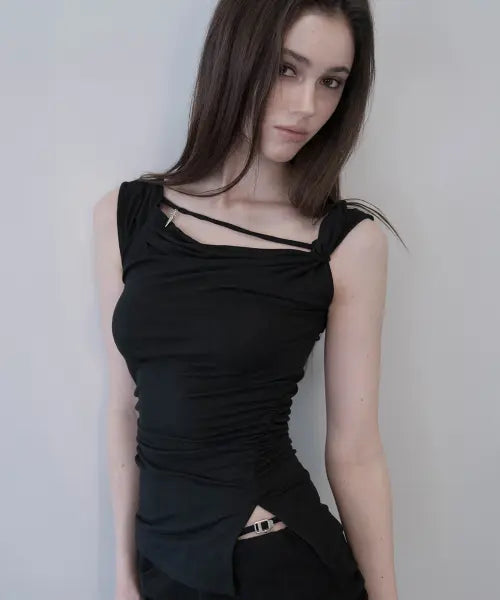[DAMIO] Draped Strap Sleeveless Top (Black)