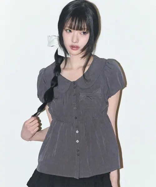 [ILLIGO] POMING RIBBON PUFF BLOUSE CHARCOAL / 포밍 리본 퍼프 블라우스 차콜
