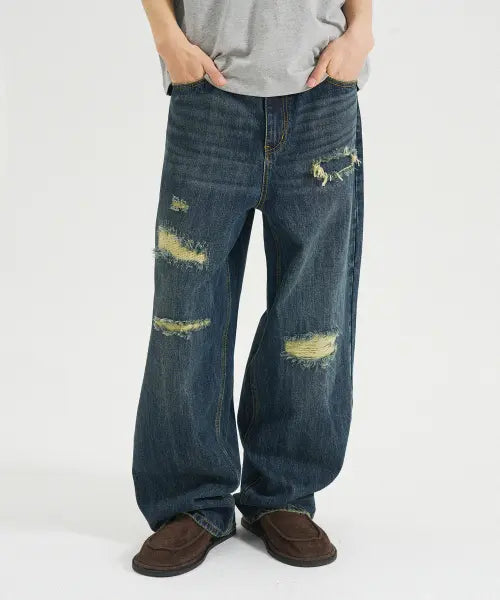[SLOW ACID] VINTAGE REPAIR DISTRESSED DENIM PANTS [BLUE] / 빈티지 리페어 디스트레스드 데님팬츠 [블루]
