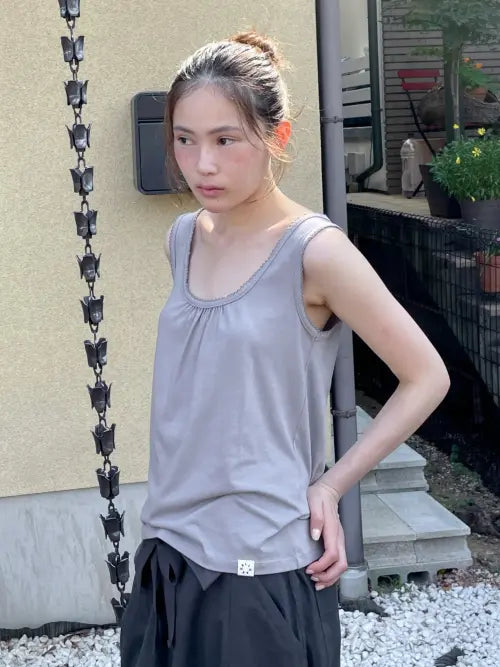 [LO AXUAL] Picot Shirring Sleeveless_Gray / 피콧 셔링 슬리브리스_그레이