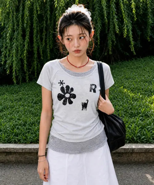 [LMR] Motif Embroidered Stripe Layered T-Shirt (Short/Long Sleeve) - Light Grey / 모티프 자수 스트라이프 레이어드 티셔츠(반팔/긴팔) LIGHT GREY