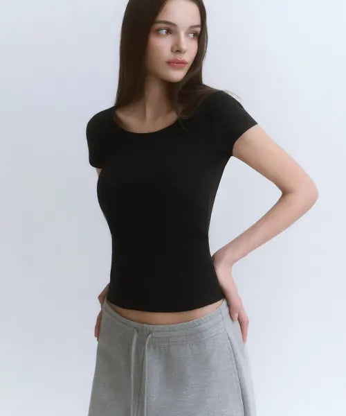 [MUSINSA STANDARD WOMAN] Women's Slim Scoop Neck Cap Sleeve T-Shirt [Black] / 우먼즈 슬림 스쿱 넥 캡 슬리브 티셔츠 [블랙]