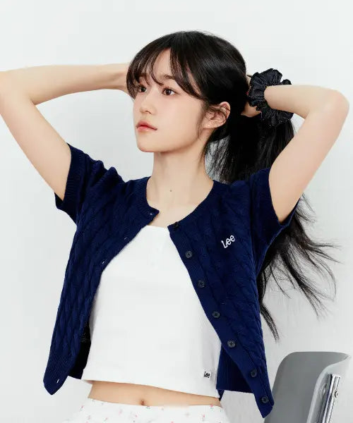 [LEE] Women's Round Neck Cable Cardigan Navy / 우먼 라운드넥 케이블 가디건 네이비