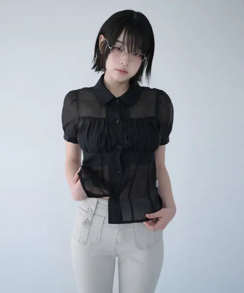 [MIRECO] SHIRRING SHEER BLOUSE BLACK