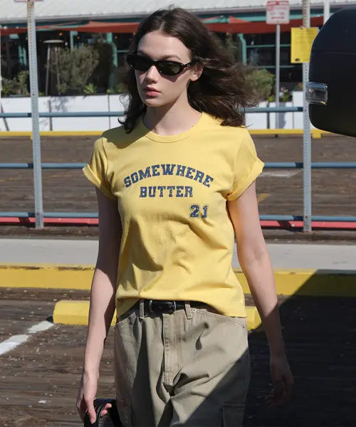 [SOMEWHEREBUTTER] 21 Square Logo Top - Yellow