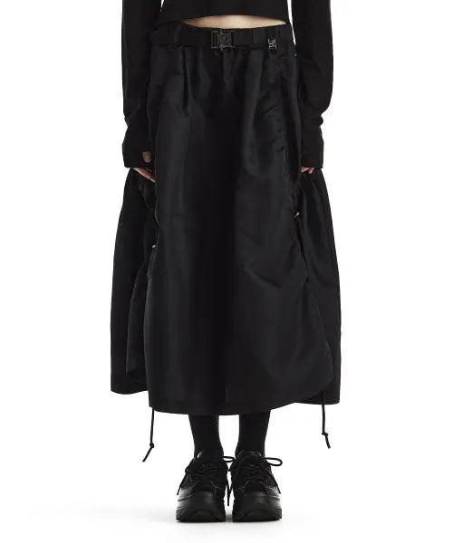 [TREEMINGBIRD] Drawstring Nylon Flared Set-Up Skirt [ Black ]