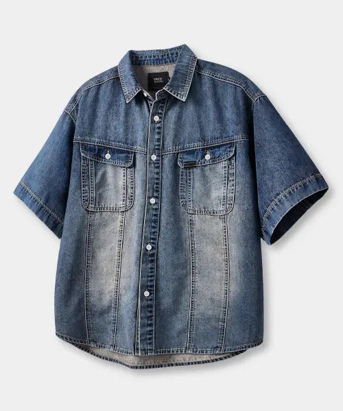 [DIMITRI BLACK] FADED WASHING DENIM TRUCKER HALF SHIRT_DUST INDIGO / 페이드워싱 데님 트러커 하프 셔츠_더스트 인디고