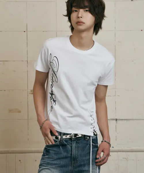 [LANARCHIVE] [0137] Side Lettering Rope T-Shirt - White / [0137] 사이드 레터링 로프 반팔 티셔츠 - 화이트