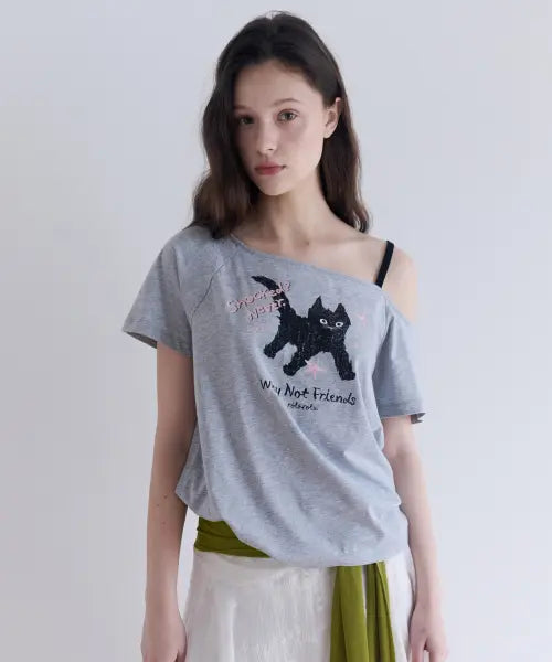 [ROLAROLA] ROLA CAT FRIENDS OFF SHOULDER T-SHIRT GRAY