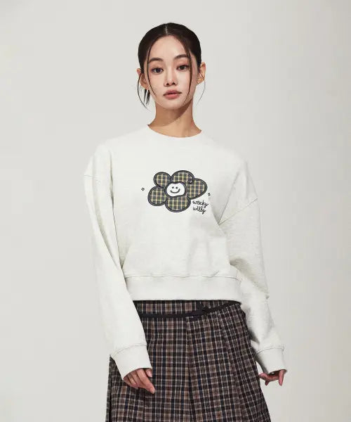 [WACKY WILLY] Women's Check Lily Crop Sweatshirt Oatmeal / 우먼스 체크 릴리 크롭 맨투맨 오트밀