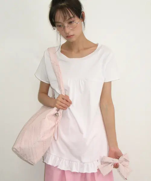 [RONRON] STRING SHIRRING RUFFLE T SHIRT WHITE