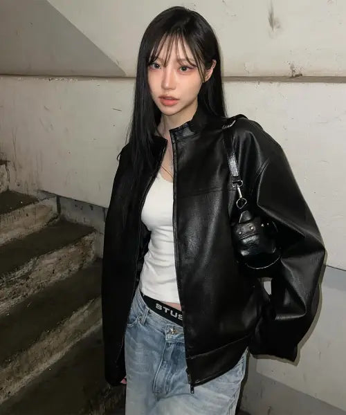 [GLW] Notched Lapel Cropped Rider Jacket - Black / 논카라 크롭 라이더 자켓 블랙