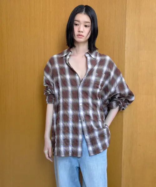 [LOW CLASSIC] OVERSIZED Lc SHEER CHECKED SHIRT_BROWN [LC262SH02BR]