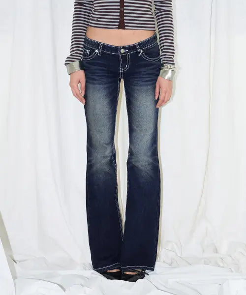 [EYEER] Classic Low Rise Boots-Cut Denim Pants - Indigo Blue