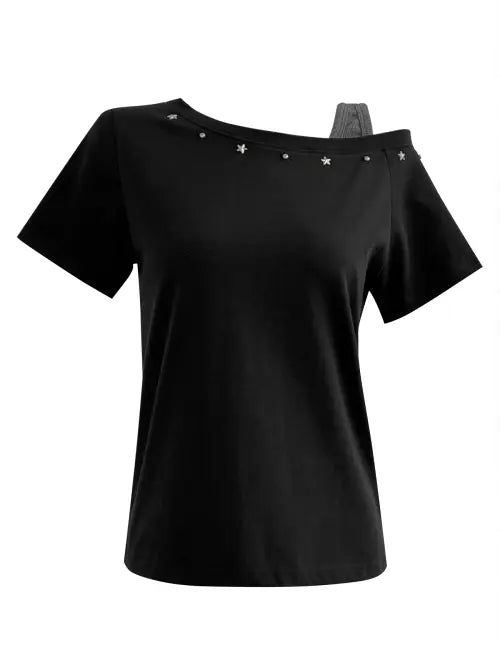 [LOOXP] Stud One-Off Loose Fit Short Sleeve T-Shirt Black (Charcoal) / 스터드 원오프 루즈핏 반팔티 블랙(차콜)