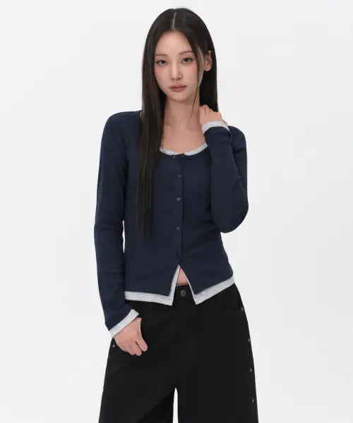 [MUSINSA STANDARD WOMAN] Women's Ribbed Slim Scoop Neck Layered Jersey Cardigan [Navy] / 우먼즈 리브드 슬림 스쿱 넥 레이어드 저지 가디건 [네이비]