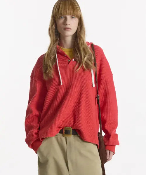 [NOHANT] UTILITY PREPPY WAFFLE HOODIE RED