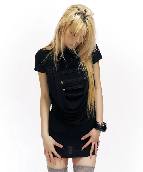 [SCHISM INDUCING] DIAGONAL HUSSAR COWL ONEPIECE BLACK