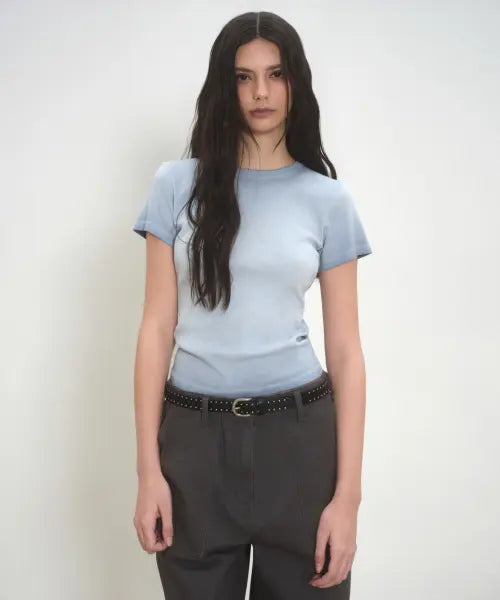 [MUSINSA STANDARD WOMAN] Womens Dirty Dyed Slim Crew Neck T-Shirt [Dusty Blue] / 우먼즈 더티 다이드 슬림 크루 넥 티셔츠 [더스티 블루]